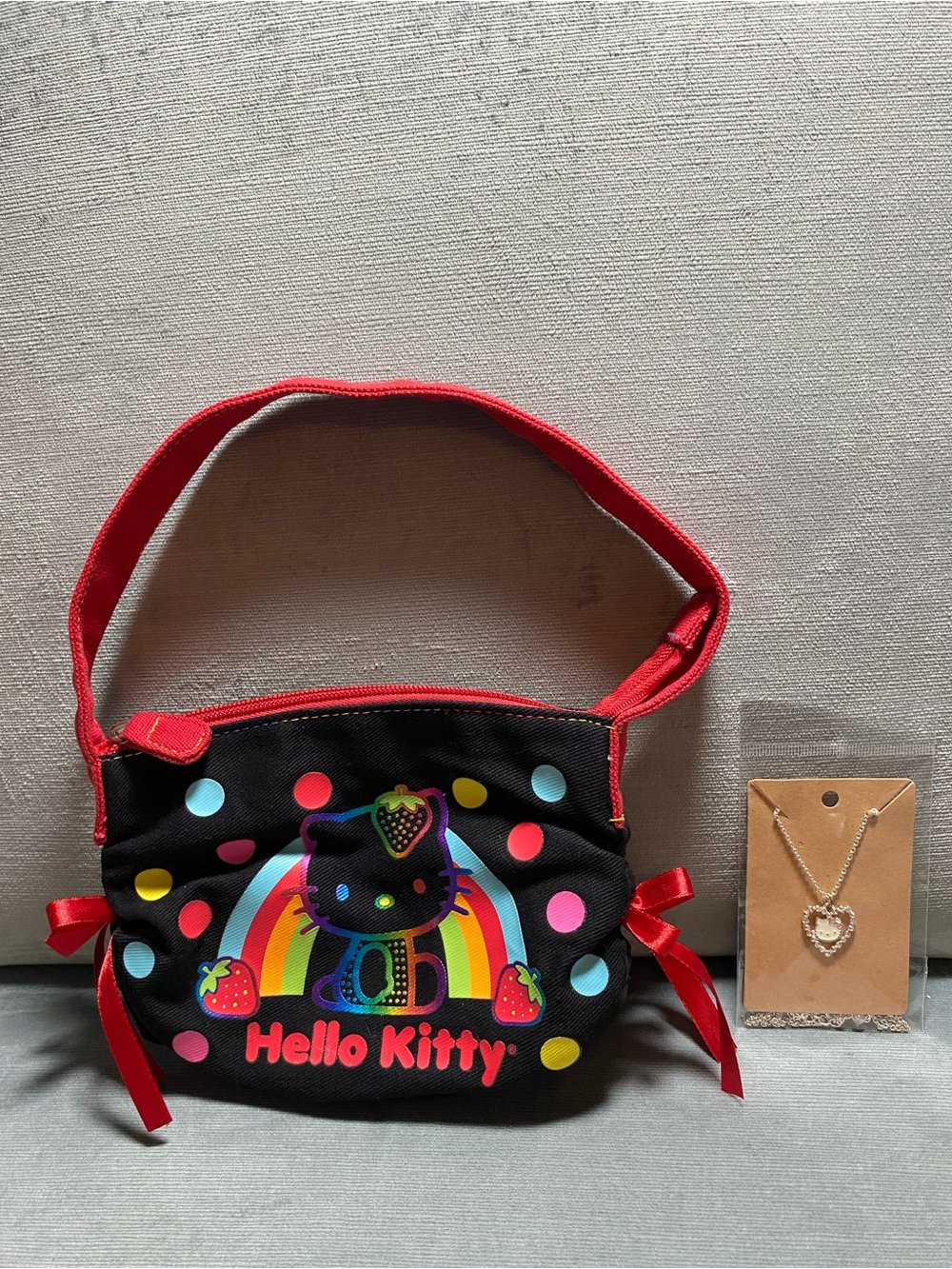 Hello Kitty early 2000s Black Rainbow Polka Dot Kids Bag with Red Trim, Necklace